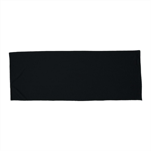 A black fitness towel featuring a logo, ideal for outdoor leisure activities.