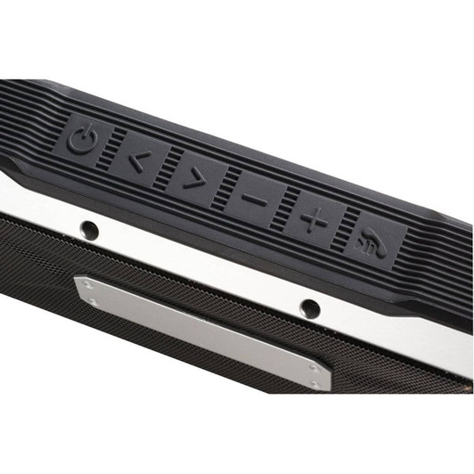A waterproof outdoor Bluetooth speaker in black with control buttons on top, featuring a textured surface and a logo.