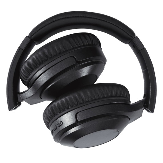 Black Anton ANC Headphones with cushioned ear pads, folded for compact storage, featuring a logo on the side.