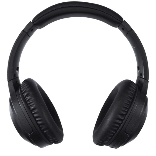 Black over-ear headphones with a padded headband and ear cushions. Features a branding logo.