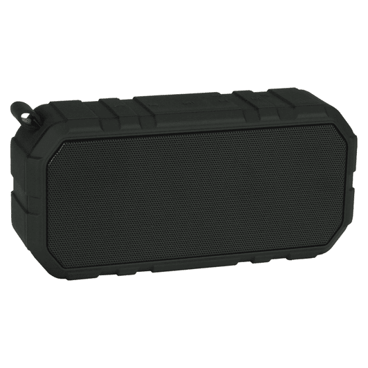 A black outdoor waterproof Bluetooth speaker with a textured surface and a rugged design, featuring a logo.