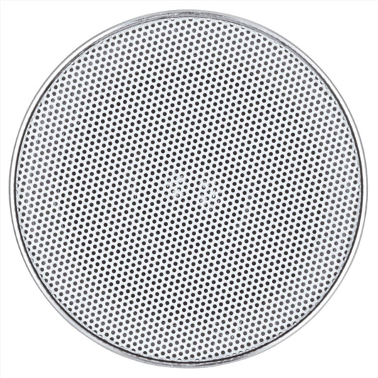 A round, silver aluminium Bluetooth speaker with a perforated design. Features a logo in the centre.