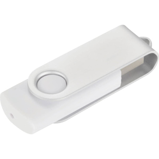 A white USB flash drive with a swivel mechanism and a circular end, featuring a logo on its surface.