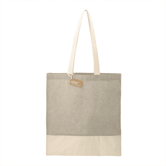 A grey and cream recycled cotton twill tote bag with long handles and a branding tag.