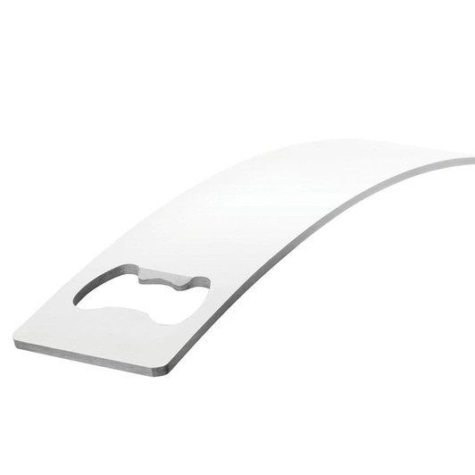 A drink bottle opener in a sleek silver finish with a curved design and a bottle-cap-shaped cutout. It features a logo.