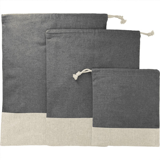 Three grey travel pouches in varying sizes with cream-coloured base and drawstring closures, featuring a logo.