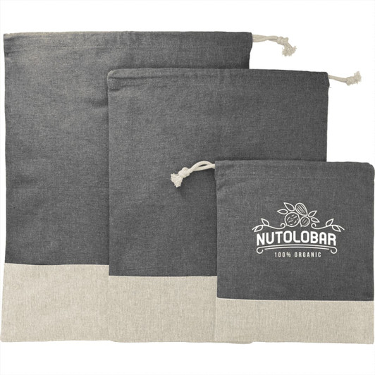 Three grey and beige travel pouches with drawstring closures, featuring a logo on the smallest pouch.