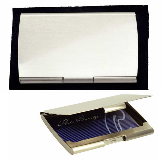 A sleek silver pocket business card holder with a shiny finish and a hinged opening.