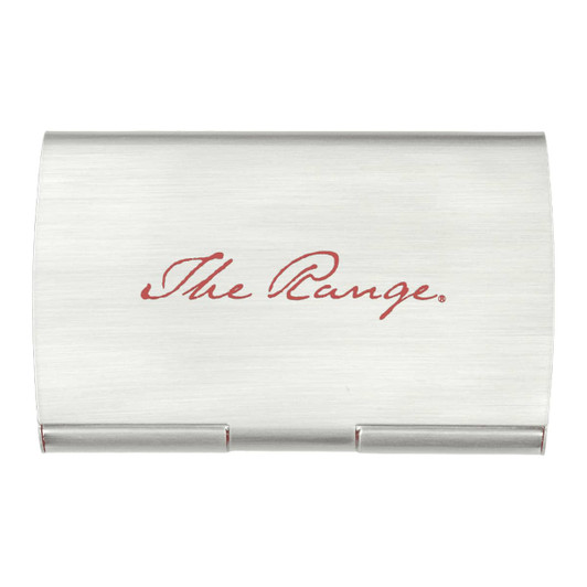 A silver pocket business card holder with a smooth finish and a logo on the front.