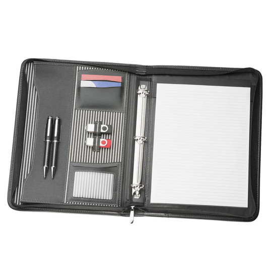 A black imitation leather A4 compendium with pens, pockets, and a notepad. It features a logo on the front.