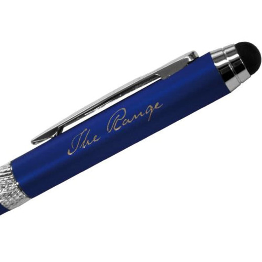 A blue metal stylus pen with a silver clip and a rubber tip, featuring an engraved logo.
