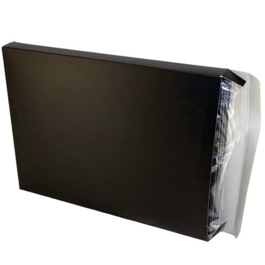 A black imitation leather zip compendium with a sleek, polished finish and a clear plastic cover.