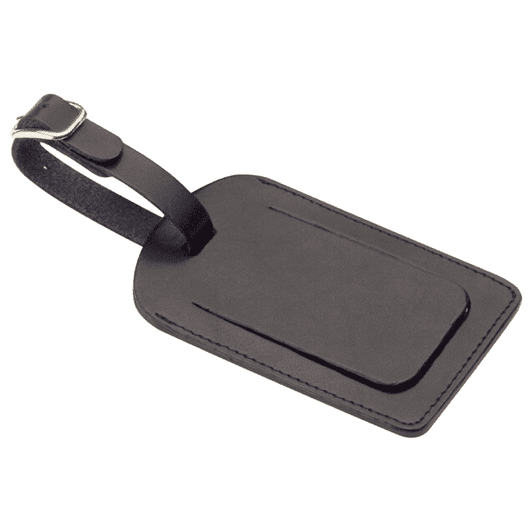 A black covered luggage tag with a strap, featuring a smooth, rectangular design and a logo.