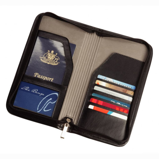 A black travel wallet with slots for a passport and multiple credit cards, featuring a smooth interior and a logo.