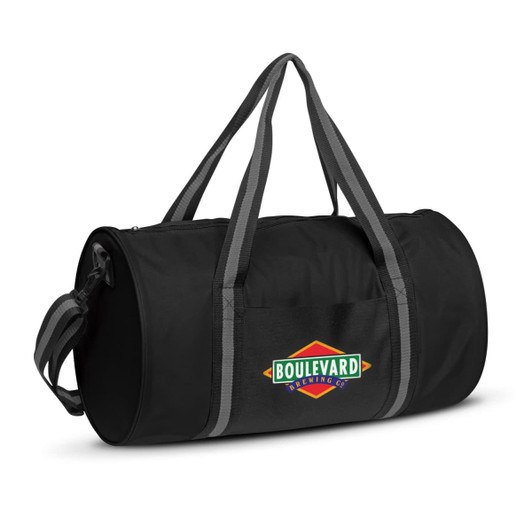 A black duffle bag featuring gray straps and a front pocket with the "Boulevard Brewing Co." logo.