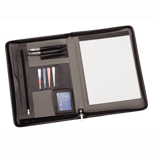 A black and grey imitation leather zip compendium featuring a notepad, pen holder, card slots, and document pockets.