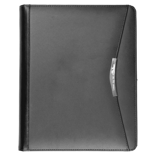 A black bonded leather compendium featuring a sleek design and a silver accent at the front. It includes a logo.