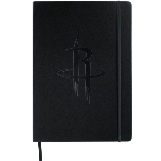 A black bound journal with an embossed logo on the cover and an elastic closure.