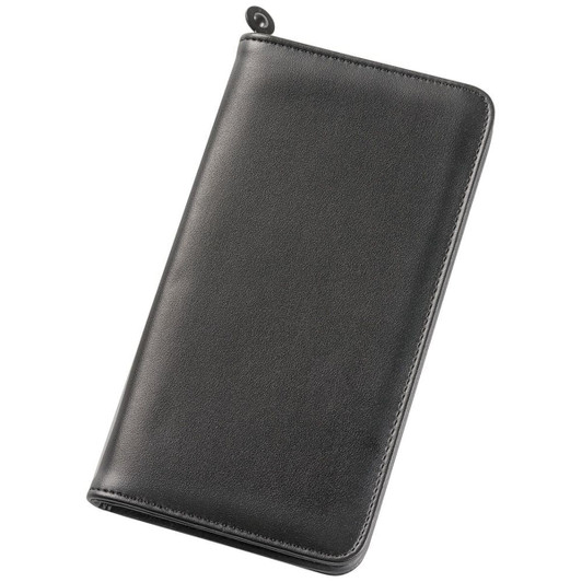 A sleek black travel wallet with a smooth finish, featuring a discreet logo and a zip closure.