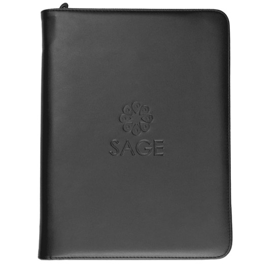 A black imitation leather A4 compendium featuring a logo on the front.