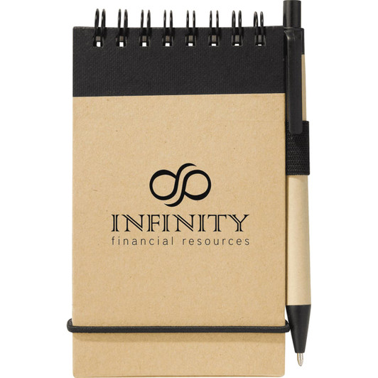 A brown recycled jotter with a black spiral binding and a pen attached, featuring a logo on the cover.