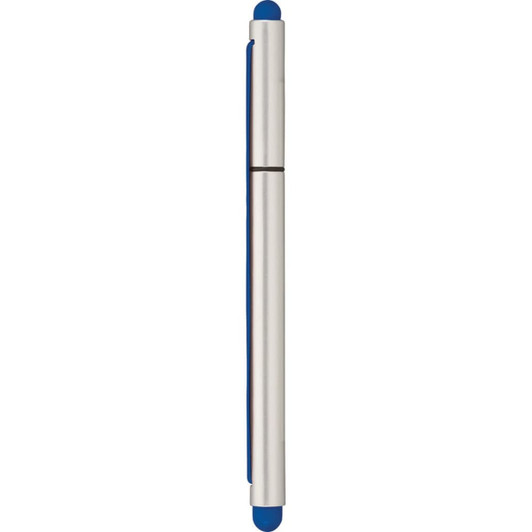 A stylus pen in silver and blue, featuring rounded ends and a sleek design. It has a logo on the side.