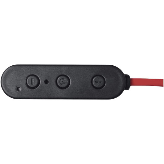 A black control unit with three buttons and a red cable, designed for Bluetooth earbuds.