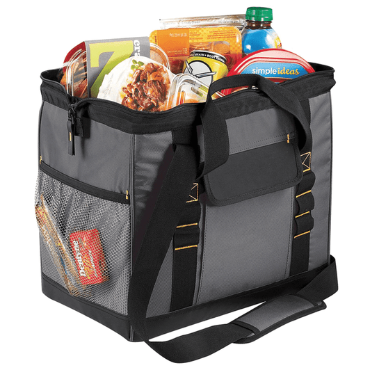 A grey cooler bag filled with various food items, featuring a mesh pocket and a strap for carrying.