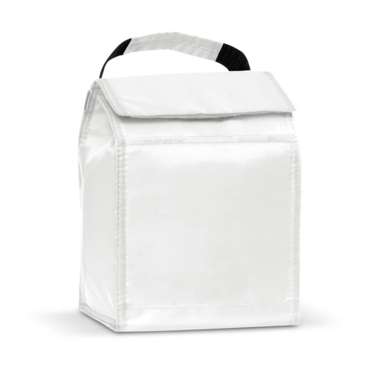 A white cooler bag with a handle, featuring a simple, structured design and a flap closure. It has a logo on the front.