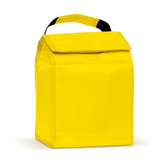 A bright yellow lunch cooler bag with a top flap and a sturdy handle.