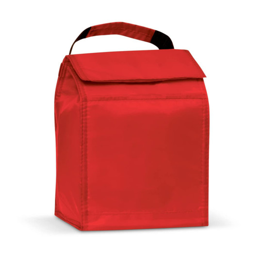 A red lunch cooler bag with a top flap and a handle for easy carrying, featuring a simple design.