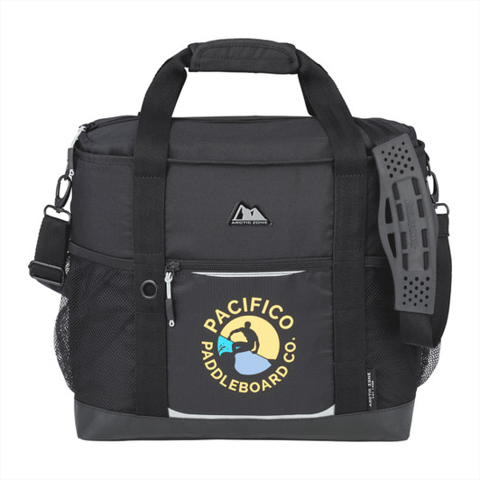 A black cooler bag with a mesh pocket, featuring a logo on the front and sturdy carrying handles.