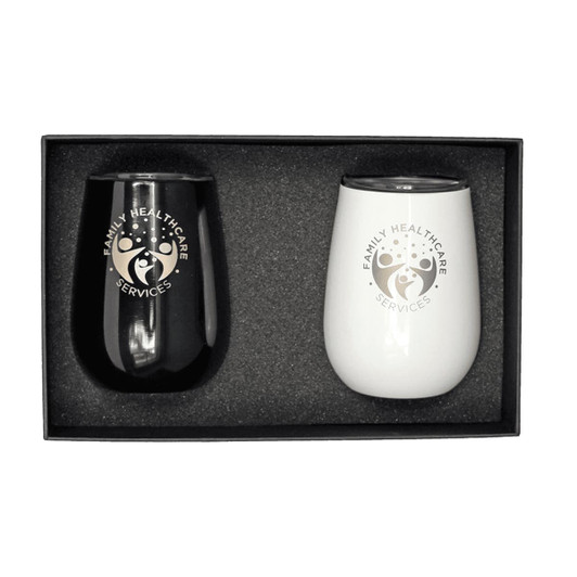 A drink set featuring two insulated tumblers, one black and one white, in a gift box with a logo.