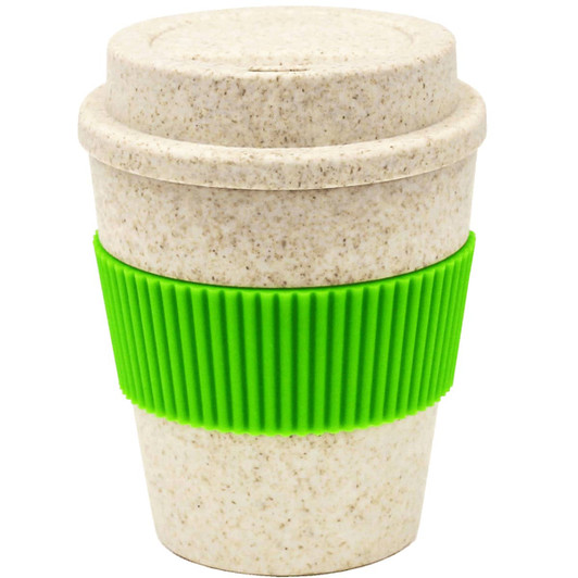 A drink bottle featuring a beige body made of bamboo mix, with a green silicone sleeve and lid. It has a logo.