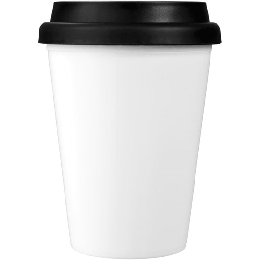 A drink bottle, white with a black lid, designed as a 350ml antibacterial insulated tumbler, featuring a logo.