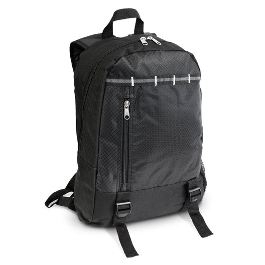 A black Campus Backpack featuring a sleek design, adjustable straps, and multiple zippered pockets for ample storage.