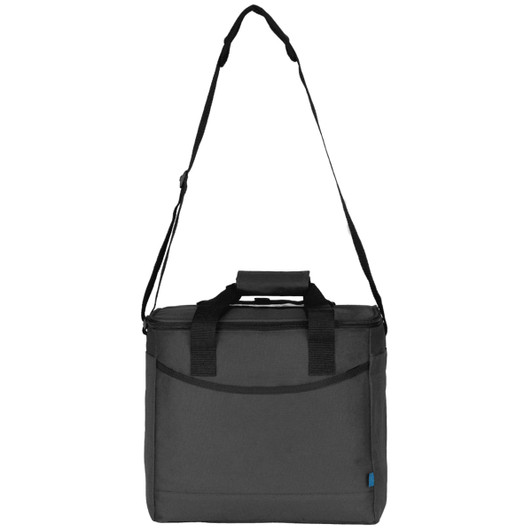 A dark grey cooler bag with a shoulder strap and handles, featuring a front pocket and branded logo.