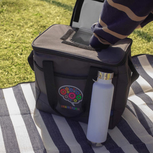 A grey cooler bag with a logo, featuring a zippered top and handles, placed on a striped blanket beside a drink bottle.