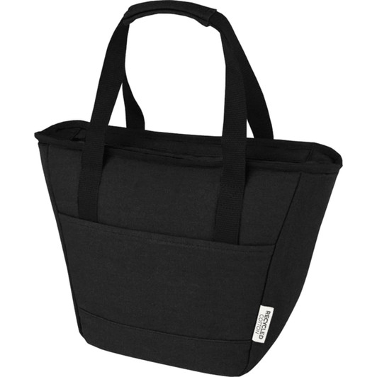 A black cooler tote bag with sturdy handles and an external pocket, made from recycled canvas material.