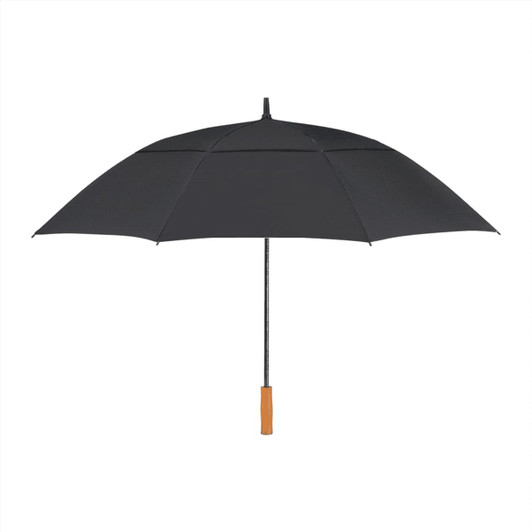 A black recycled golf umbrella with a wooden handle and a sturdy frame. It features a branding logo.