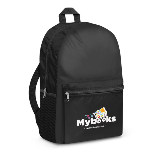 A black bullet backpack featuring a front zip pocket and the logo for "Mybooks online bookstore" printed on the front.