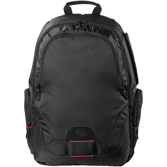 A black backpack with multiple compartments and pockets, featuring a logo on the front. Suitable for laptops.