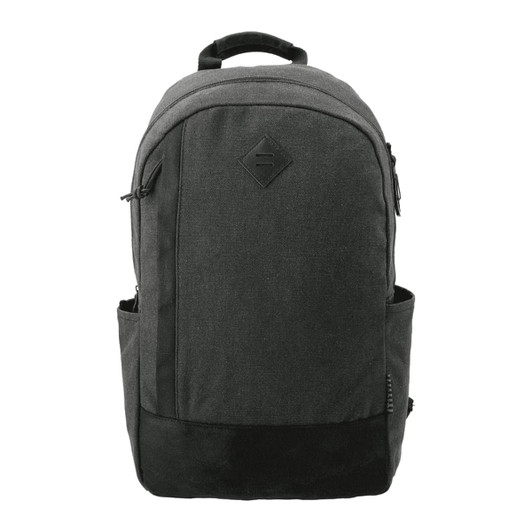 A black and grey laptop backpack featuring a branding logo and multiple compartments for organisation.