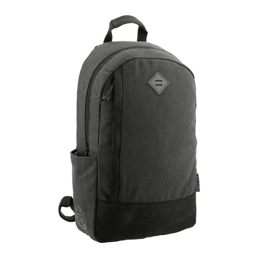 A grey and black computer backpack with a side pocket and branding details. Ideal for carrying laptops and essentials.