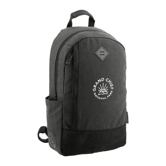 A grey and black laptop backpack with a branded logo and side pocket. Ideal for carrying a computer and essentials.