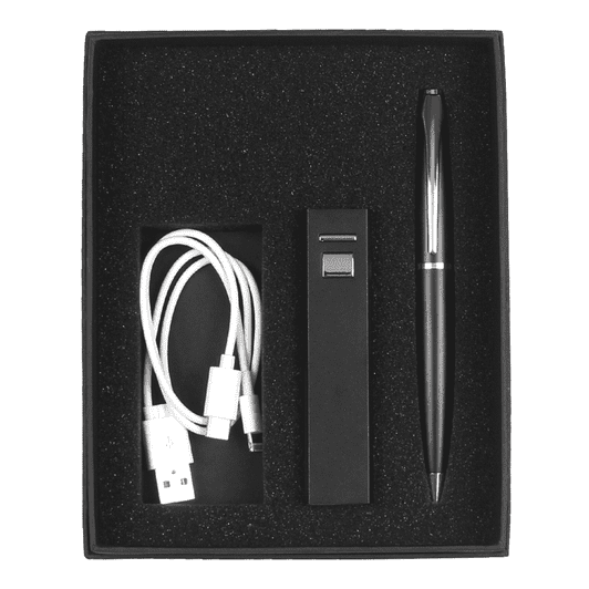 A gift box containing a black power bank, USB cable, and black pen, all arranged in a black foam insert.