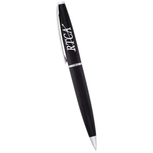 A black pen with silver accents and a logo.