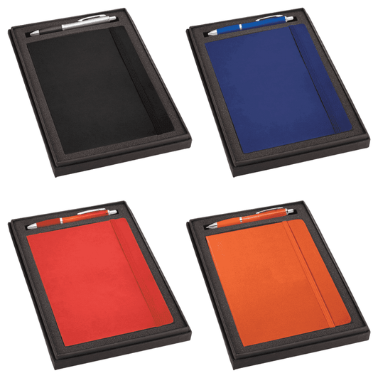 A gift set featuring a black, blue, red, and orange journal, each with a matching pen, presented in a box.