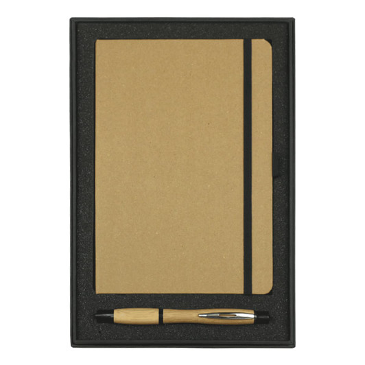 A gift set featuring a beige bound journal and a bamboo pen, presented in a sleek black box.
