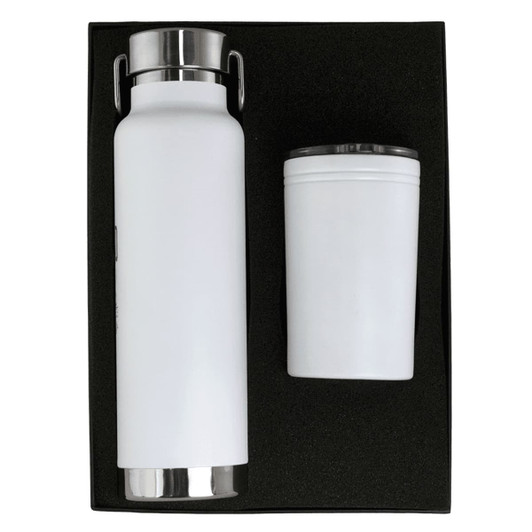 A drink bottle and tumbler set in white, presented in a black gift box. The bottle features a stainless steel lid.